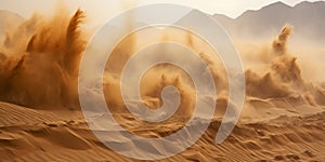 Sandstorm in desert. wind and orange sand clouds. Dunes landscape. Generative AI