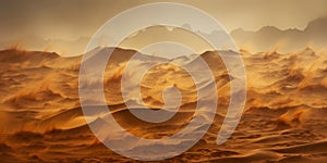 Sandstorm in desert. wind and orange sand clouds. Dunes landscape. Generative AI