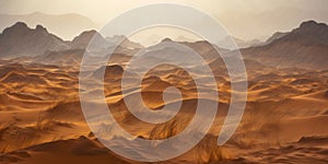 Sandstorm in desert. wind and orange sand clouds. Dunes landscape. Generative AI