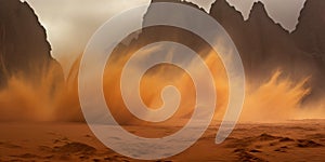 Sandstorm in desert. wind and orange sand clouds. Dunes landscape. Generative AI