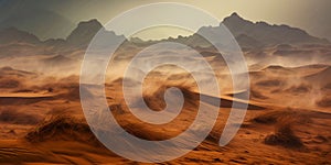 Sandstorm in desert. wind and orange sand clouds. Dunes landscape. Generative AI