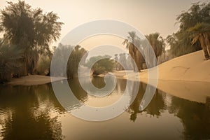 sandstorm envelops desert oasis with peaceful waters