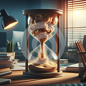 Sandstorm in Hourglass in the office room table, New, Unique, Creative Time Management Concept For Business, Finance, AI Generated