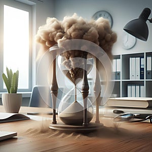 Sandstorm in Hourglass in the office room table, New, Unique, Creative Time Management Concept For Business, Finance, AI Generated