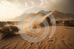 sandstorm wreaking havoc on desert landscape, with debris flying through the air