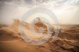 sandstorm wreaking havoc on desert landscape, with debris flying through the air