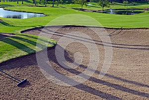 Sandtrap and Mancured grass of golf course