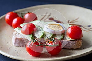 Sandwich with avocado, boiled egg and cherry tomatoes