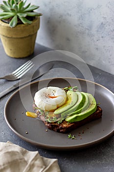 Sandwich with avocado and poached egg. Healthy eating Vegetarian food. Breakfast