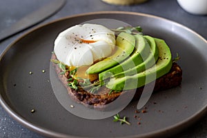 Sandwich with avocado and poached egg. Healthy eating Vegetarian food. Breakfast