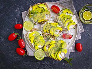 Sandwich with avocado recipe on a concrete background