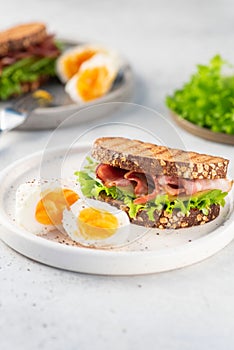  Sandwich  with bacon, black bread, salad on plate photo