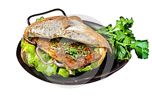 Sandwich balik Ekmek with grilled fillet of mackerel fish, tomatoes, onions and lettuce. Isolated on white background