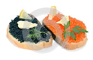 Sandwich with black and red caviar