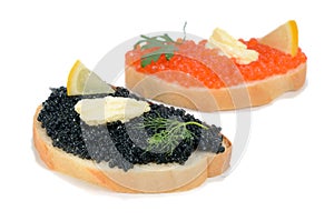 Sandwich with black and red caviar