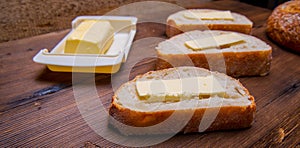 Sandwich ,bread and butter,Maslenitsa with butter on a wooden table with space for text,