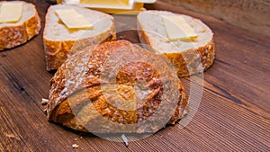 Sandwich ,bread and butter,Maslenitsa with butter on a wooden table with space for text,