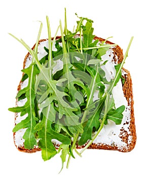 Sandwich from bread, spread and fresh arugula