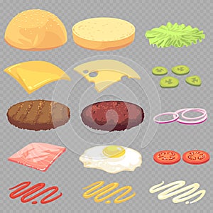 Sandwich, burger, cheeseburger food ingredients cartoon vector set isolated on transparent background