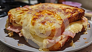 A sandwich with cheese and ham on a plate