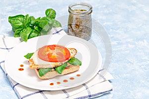 Sandwich with chicken, mozzarella, tomato, pesto and basil on ciabatta, horizontal, copy space