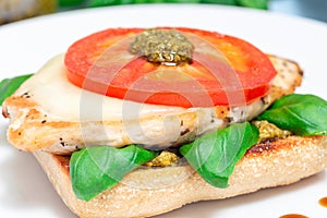 Sandwich with chicken, mozzarella, tomato, pesto and basil on toasted ciabatta, horizontal, closeup