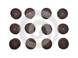 Sandwich chocolate cookies filled with a vanilla cream flavour biscuits isolated on white background