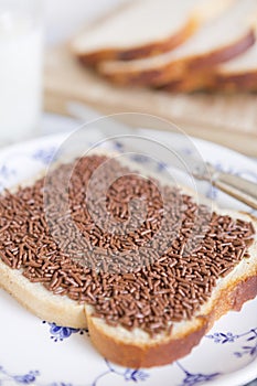 Sandwich with chocolate sprinkles or `hagelslag`, Dutch traditional food