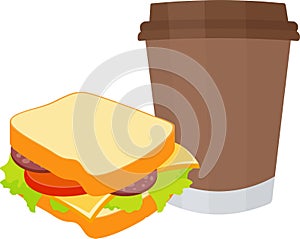 Sandwich and Coffee Raster illustration isolated on white background. Breakfast and Lunch