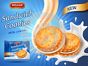 Sandwich cookies ads. Delicious vanilla cream flow. Cracker drop in milk splash. Package design template. Blue