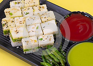 Sandwich Dhokla or Sandwich Khaman is an Indian Popular Snack photo