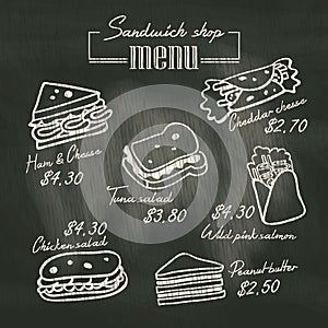Sandwich doodle menu drawing on chalk board background photo