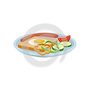Sandwich with egg, sausage and vegetables on a plate, fresh nutritious breakfast food, design element for menu, cafe