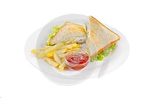 Sandwich with eggs, French fries isolated white