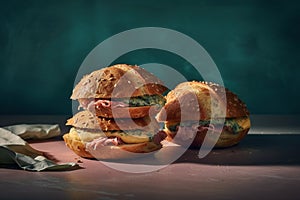 Sandwich, fast foods on pastel background Food magazine photography