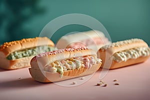 Sandwich, fast foods on pastel background Food magazine photography