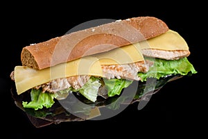 Sandwich with fillet grilled chicken, fresh vegetables, cheese and greens, isolated on black background.