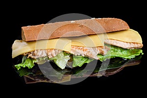 Sandwich with fillet grilled chicken, fresh vegetables, cheese and greens, isolated on black background.