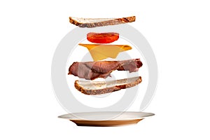 Sandwich flying deconstructed food isolated on white background