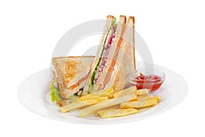 Sandwich and French fries isolated white