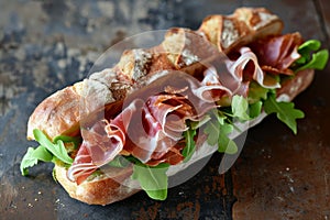 A sandwich with fresh meat and crisp lettuce is placed on a table, Baguette sandwich with thin slices of Culatello di Zibello, AI