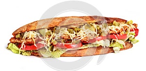 Sandwich from fresh pita bread with fillet grilled chicken, lettuce, slices of fresh tomatoes