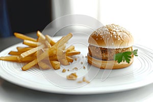 Sandwich with fries on clean plate, with empty left side for putting a slogan or message