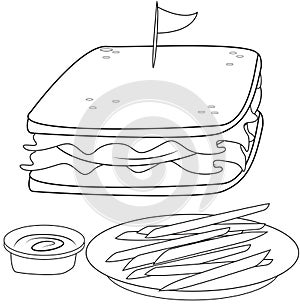 Sandwich and fries coloring page