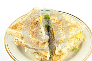 Sandwich full of tuna and lettuce vegetables sliced in half and decorated on the plate - Closeup.