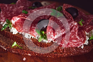 Sandwich , grain bread, with cream cheese and salami, black olives, micro-greens, top view, close-up, no people