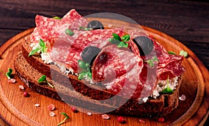 Sandwich , grain bread, with cream cheese and salami, black olives, micro-greens, top view, close-up, no people