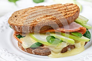 Sandwich with ham, brie cheese or Camembert, spinach, Apple and mustard