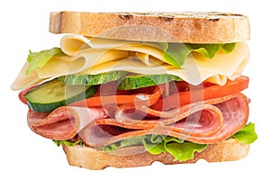 Sandwich with ham, cheese, tomato, lettuce and toasted bread isolated on a white background