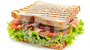 Sandwich with ham, cheese and vegetables isolated on a white background. Ai Generative